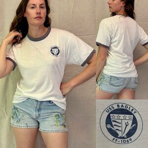 Vtg 70s Paper Thin Ringer USS Bagley FF-1069 US Navy Ship Sportswear size L/XL